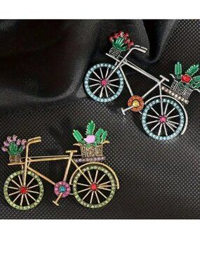 Bike Brooch Retro Bicycle Rhinestone Colorful Stylish Pin Flowers Basket Trendy
